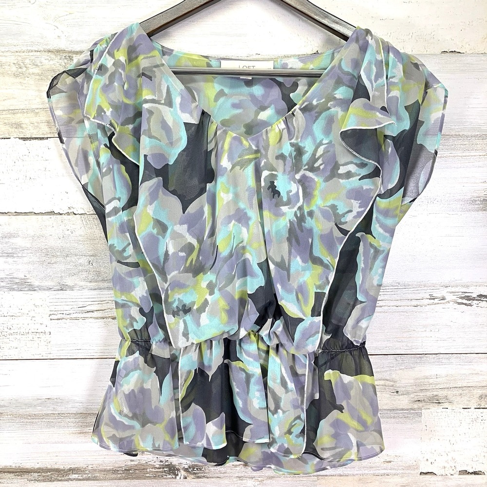 Ann Taylor LOFT‎ Womens Watercolor Ruffle Chiffon Peplum Sleeveless Shirt Sz MP